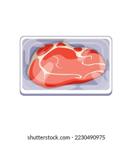 Plastic package with fresh beef steak cartoon illustration. Beef steak on plastic tray or vacuum wrap container. Food, market, grocery concept