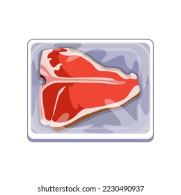Plastikverpackung mit frischer T-Bone Steak Cartoon Illustration. Rindsteak auf Plastikträger oder Vakuumverpackungsbehältern. Lebensmittel-, Markt- und Lebensmittelkonzept