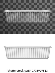 Paquete de simulación de plástico, contenedor de comida realista. Caja 3D aislada de eliminación vectorial con vista lateral de textura ondulada. Paquete fluido transparente de plástico desechable, estuche para llevar o bandeja