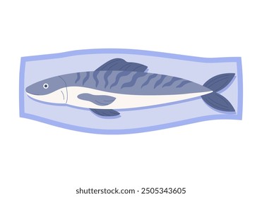 Plastic package with trout, top view of styrofoam container with fish vector illustration