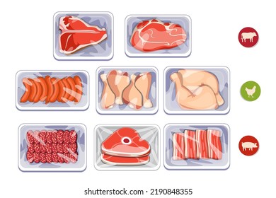 Paquetes de plástico con un juego de ilustración de caricaturas de carne fresca. Cerdo, filetes de ternera, aves de corral, patas de pollo, tocino en rodajas, salchichas en bandejas de plástico o recipientes de envoltura al vacío. Comida, mercado, concepto de comestibles