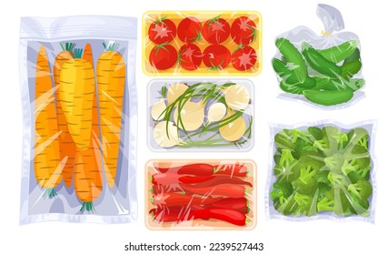 Plastic packages with fresh vegetable vacuum food isolated vector set. Sealed frozen supermarket pack with carrot, pepper, onion, cucumber, tomato and broccoli illustration