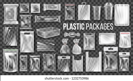 Plastic Packages Transparent Wrap Set Vector. Empty Food Product Polyethylene Package Mock Up Template. Realistic Nylon Doy Pack Packaging Branding Design Illustration
