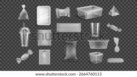 Plastic Packages Transparent Wrap Set Vector. Empty Food Product Polyethylene Package Mock Up Template. Realistic Nylon Pack Packaging Branding Design Illustration