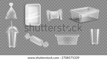 Plastic Packages Transparent Wrap Set Vector. Empty Food Product Polyethylene Package Mock Up Template. Realistic Nylon Pack Packaging Branding Design Illustration