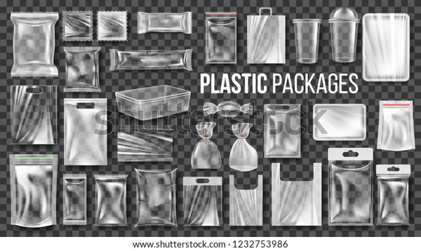 Plastic Packages\
Transparent Wrap Set Vector. Empty Food Product Polyethylene\
Package Mock Up Template. Realistic Nylon Doy Pack Packaging\
Branding Design\
Illustration\
