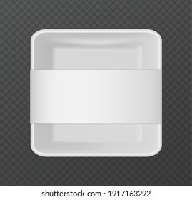 Plastic Packaging. 3D Snack Package. Realistic White Empty Container For Portioned Food On Transparent Background. Top View Of Square Lunch Box With Blank Label. Brand Identity Template, Vector Tray