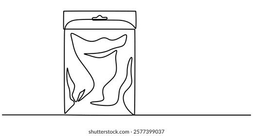 plastic packaging bag continuous one line drawing, Plastic bag one line continuous drawing. Waste bag continuous one line illustration. Vector minimalist linear illustration, plastic and paper package