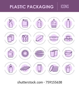 Contenedores de embalaje de plástico línea iconos vectoriales frascos, vajilla desechable de pulverizador