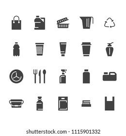 Plastic packaging, disposable tableware flat glyph icons. Product packs, container, bottle, canister, plates cutlery. Container signs, waste recycling. Solid silhouette pixel perfect 48x48.