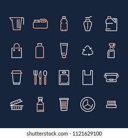 Plastic packaging, disposable tableware line icons. Product packs, container, bottle, canister, plates cutlery. Container thin signs, waste recycling. Pixel perfect 48x48