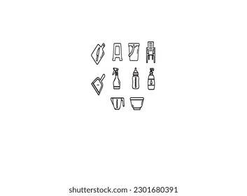 Plastic packaging, disposable tableware line icons. Product container, bottle, packet, canister, plates and cutlery. Packs thin linear signs for shop or synthetic material goods production.