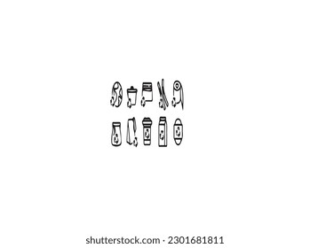 Plastic packaging, disposable tableware line icons. Product container, bottle, packet, canister, plates and cutlery. Packs thin linear signs for shop or synthetic material goods production.