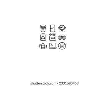 Plastic packaging, disposable tableware line icons. Product container, bottle, packet, canister, plates and cutlery. Packs thin linear signs for shop or synthetic material goods production.