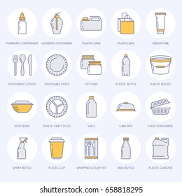 Plastic packaging, disposable tableware line icons. Product packs, container, bottle, packet, canister, plates and cutlery.