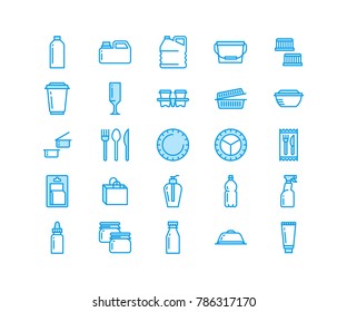 Plastic packaging, disposable tableware line icons. Product packs, container, bottle, canister, plates cutlery. Container thin signs for shop, synthetic material goods production. Pixel perfect 64x64.