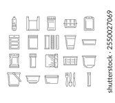 plastic packaging food container icons set vector. bag bottle, pack box, product, tableware jar, blister, tray, sachet, wrap, pod tub plastic packaging food container black contour illustrations