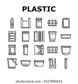 plastic packaging food container icons set vector. bag bottle, pack box, product, tableware jar, blister, tray, sachet, wrap, pod tub plastic packaging food container black contour illustrations