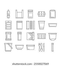 plastic packaging food container icons set vector. bag bottle, pack box, product, tableware jar, blister, tray, sachet, wrap, pod tub plastic packaging food container black contour illustrations