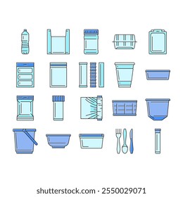 plastic packaging food container icons set vector. bag bottle, pack box, product, tableware jar, blister, tray, sachet, wrap, pod tub plastic packaging food container color line illustrations