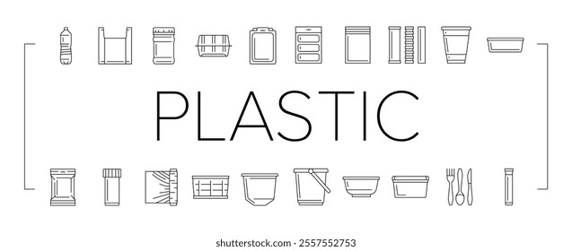 plastic packaging food container icons set vector. bag bottle, pack box, product, tableware jar, blister, tray, sachet, wrap, pod tub plastic packaging food container black contour illustrations