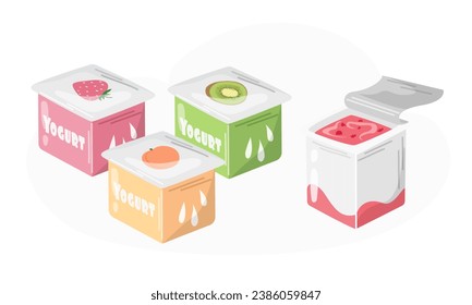 Plastic packaging with fruit yoghurts. Dairy food. Dessert. Vector illustration. Nutrition concept. Kitchen image. Illustration for a cookbook.