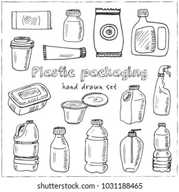 Plastic packaging hand drawn doodle set. Sketches. Vector illustration for design and packages product. Symbol collection.