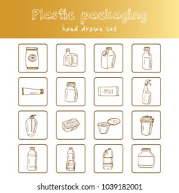 Plastic packaging hand drawn doodle set. Sketches. Vector illustration for design and packages product. Symbol collection.