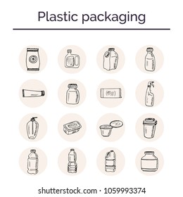 Plastic packaging hand drawn doodle set. Sketches. Vector illustration for design and packages product. Symbol collection.