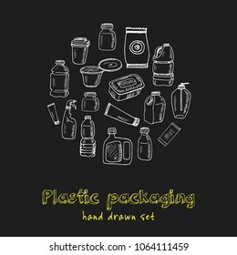 Plastic packaging hand drawn doodle set. Sketches. Vector illustration for design and packages product. Symbol collection.