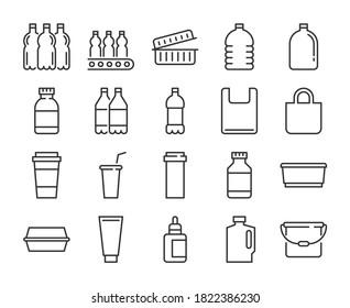 Plastic Packaging Icon. Plastic Industry Line Icons Set. Editable Stroke.