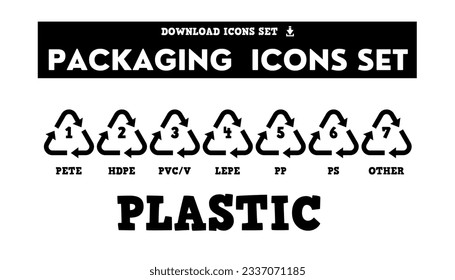 Symbolsatz für Plastikverpackungen. Kollektion von Logos für Pakete. GHS-Piktogramme. Recycling-Codes. 
