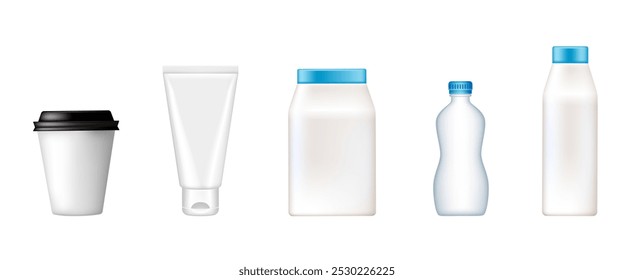 Plastic packaging. Plastic jars, glasses and tubes. Vector 3D clipart isolated on white background.