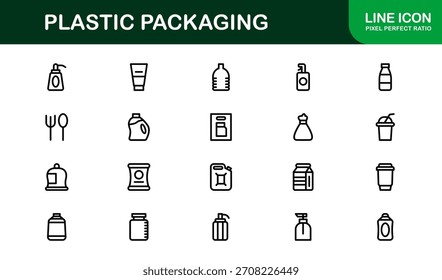 Conjunto de iconos de línea de empaquetado de plástico: iconos vectoriales modernos y mínimos para una marca y un diseño de producto conscientes del medio ambiente. colección de esquema de Profesional.
