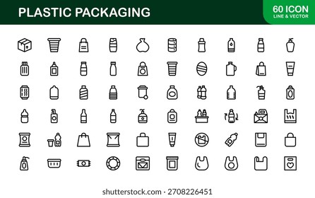Plastic Packaging Line Icon Set – Modern, minimal vector icons for eco-conscious branding and product design. Professional outline collection.