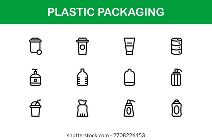 Plastic Packaging Line Icon Set - Moderne, minimale Vektorsymbole für umweltbewusstes Branding und Produktdesign. Professionelle Gliederungskollektion.