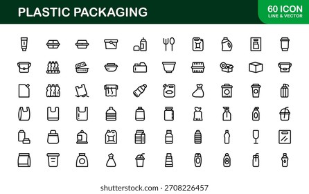 Plastic Packaging Line Icon Set – Modern, minimal vector icons for eco-conscious branding and product design. Professional outline collection.