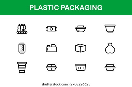 Conjunto de iconos de línea de empaquetado de plástico: iconos vectoriales modernos y mínimos para una marca y un diseño de producto conscientes del medio ambiente. colección de esquema de Profesional.