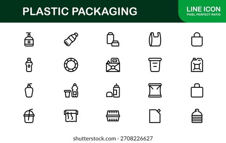 Plastic Packaging Line Icon Set - Moderne, minimale Vektorsymbole für umweltbewusstes Branding und Produktdesign. Professionelle Gliederungskollektion.
