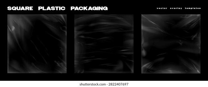 Plastic packaging for overlay for album cover, cd, vinyl. Polyethylene, cellophane packages, realistic wrap stamps with wrinkled, crinkled, glossy effects for overlay. Plastic square sleeves. Vector