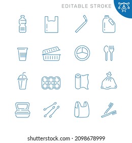 Plastic packaging related icons. Editable stroke. Thin vector icon set