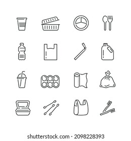 Plastic packaging related icons: thin vector icon set, black and white kit