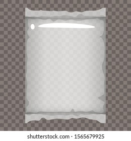 Plastic packaging sachet, bag transparent empty vacuum container mockup to storage for food products. Template cartoon style vector isolated