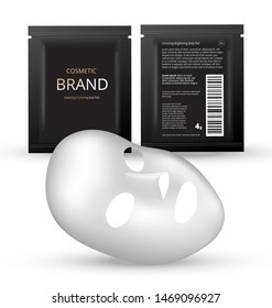 Plastic packaging with sheet mask. Blank foil or plastic sachet for food or medicines. Design template for cosmetic concept.