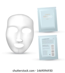 Plastic packaging with sheet mask. Blank foil or plastic sachet for food or medicines. Design template for cosmetic concept.