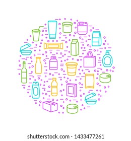 Plastic Packaging Signs Thin Line Round Design Template Include of Bottle and Container. Vector illustration of Icons