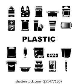 Plastikverpackung Nachhaltigkeit Icons setzen Vektor. Recycling biologisch abbaubare Verschmutzung Abfall Umwelt Mikroplastik, Ozean umweltfreundliche Kunststoffverpackung Nachhaltigkeit Glyphe Piktogramm Illustrationen
