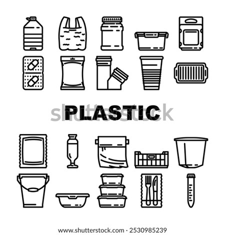 plastic packaging sustainability icons set vector. recycling biodegradable pollution waste environment microplastics, ocean ecofriendly plastic packaging sustainability black contour illustrations