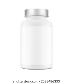Embalador plástico engarrafamento de pílula com rótulo para guloseimas, vitaminas, suplementos isolados no fundo branco. Ilustração vetorial. pronta para seu design. EPS10	
