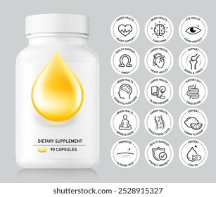 Plastic packer pill bottle mockup with label for omega supplements isolated on white background  with health icons set. Vector illustration isolated on white background. Ready for your design. EPS10.